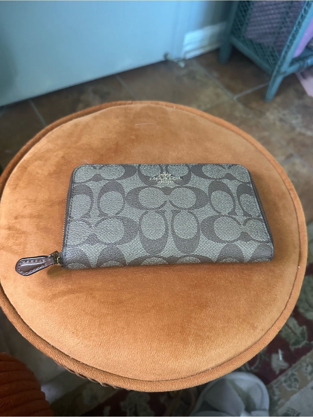 Coach Brown Signature Zip Around Card Holder Wallet